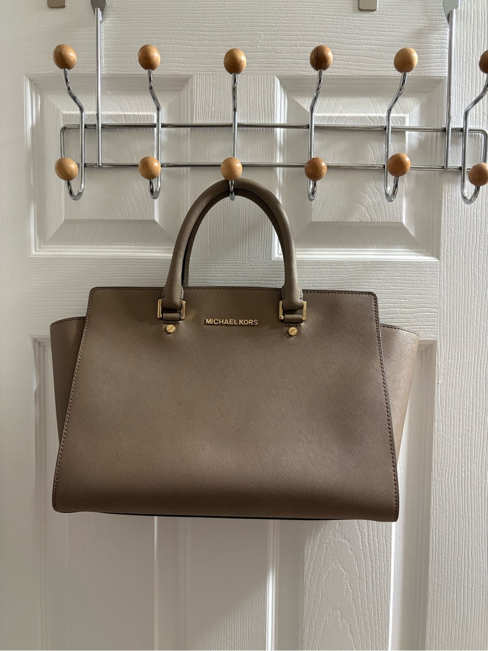 Michael Kors Taupe Structured Saffiano Satchel with Gold Hardware